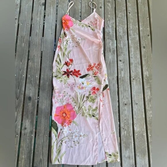 Lulu’s Satin Pink Floral Midi Slip Dress with thigh slit (S) - Picture 5 of 10